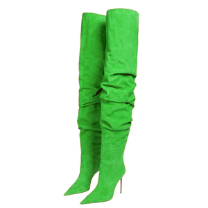 Wide Fit Thigh High Booties Women Pleated Stiletto High Thin Heels Shoes Suede PU Over the Knee Sexy Pointy Toe Pumps - Product Image 5