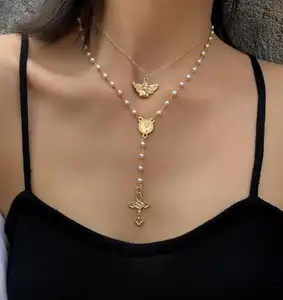 2 pc Multi Layered Curb Cuban Choker Perle Halskette Set Kreuz Kruzifix Jesus Göttin Jungfrau Maria Anhänger Halsketten Schmuck