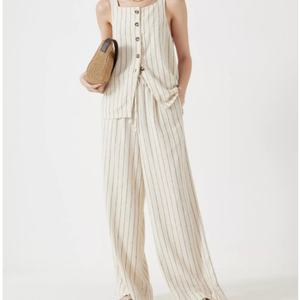 Conjunto de Dos Piezas de Lino para Mujer, Estilo Casual, Primavera-Verano, Pantalones Anchos y Camisa Tipo Cárdigan con Rayas de Algodón - Product Image 1