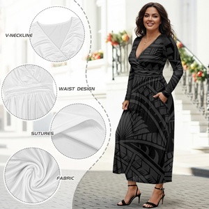 Vestidos Maxi Negros Ajustados a la Cintura con Estampado de Tatuaje Tribal Polinesio de Alta Calidad Personalizados, Elegantes para Mujer, MOQ1 - Product Image 5
