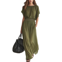 Robe longue en mousseline de soie pour femme, manches chauve-souris courtes, taille élastiquée smockée, plissée, fluide, pour l'été et la plage