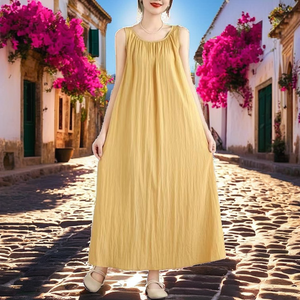 Yellow Sleeveless Loose Maxi Dress O-Neck Solid Woven Casual Summer Breathable Women's Dress - Product Image 2