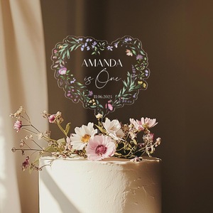 ท็อปเปอร์เค้กอะคริลิครูปหัวใจลายดอกไม้พิมพ์ UV โปร่งใส ขนาด 9 ซม. สำหรับตกแต่งเค้กวันเกิด - Product Image 1