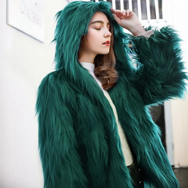 सर्दियों कृत्रिम Furs धोया ऊन लंबी ऊन कोट महिलाओं सर्दियों आलीशान Hooded कोट