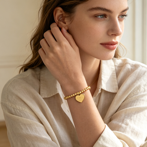 Cadena de mano minimalista chapada en oro de lujo con cierre extensible, cuentas redondas, corazón y cruz con inscripción, para mujeres, pulseras - Product Image 1