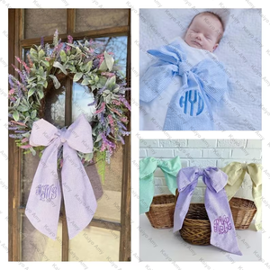 Monograma personalizado Seersucker Pascua cesta faja recién <span class=keywords><strong>nacido</strong></span> bebé faja bebé arco corona fajas - Product Image 2