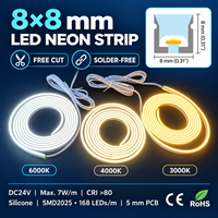 Bande LED néon découpable 24V 8x8mm sans soudure en silicone, flexible, pour armoires de cuisine, placards et étagères