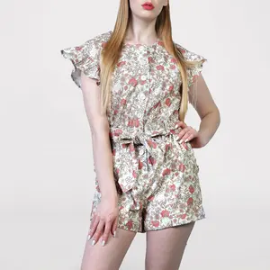 Tùy Chỉnh Bông Váy Jumpsuit Romper Và Áo Sơ Mi Cộng Với Kích Thước Phụ Nữ Mùa Hè Ngắn Tay Áo Hoa Dressy Trang Phục Áo Liền Quần Và Áo Sơ Mi