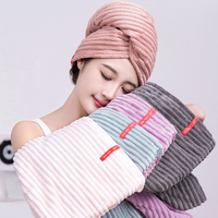 FF6437 Serviette de séchage pour cheveux à rayures avec logo personnalisé pour femmes, turban pour cheveux, bonnet en polaire corail super absorbant