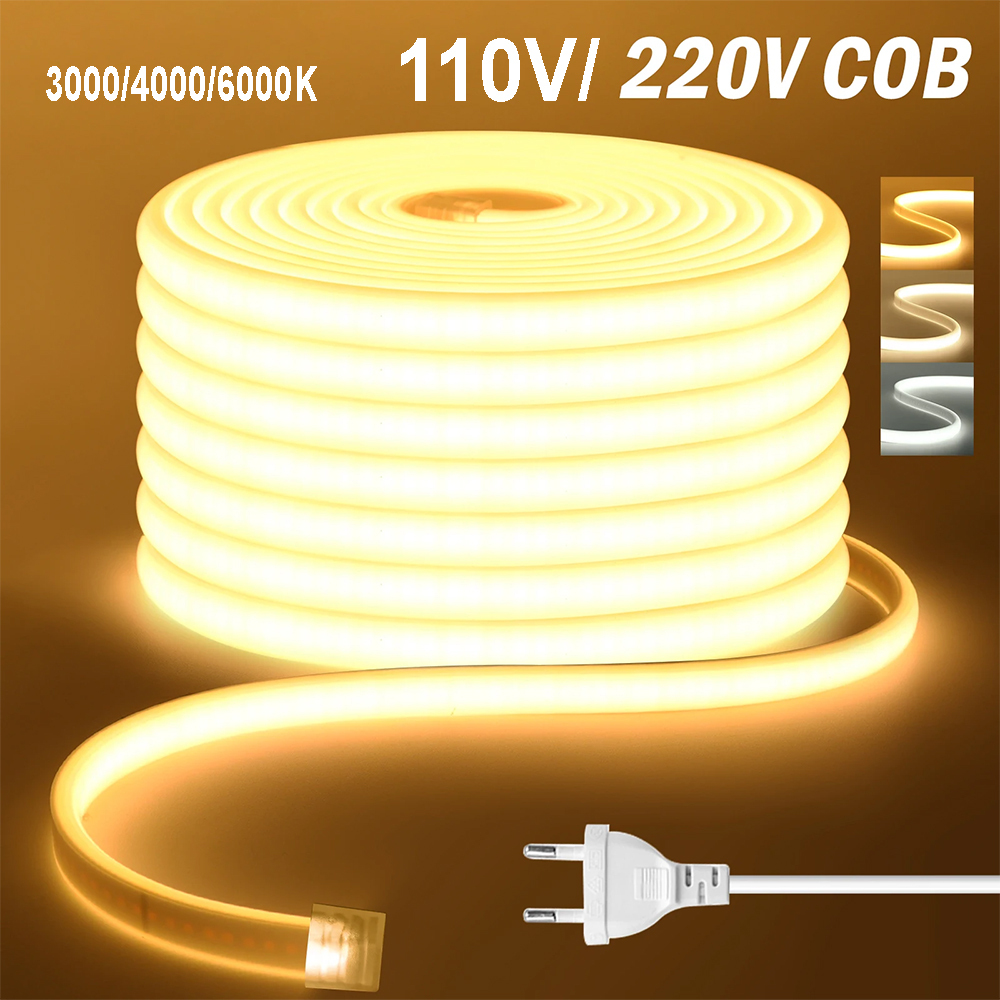 AC LED Strip Light 110V 220V High Voltage IP67 Waterproof COB Tape Light Flexible Plug and Play Outdoor Building Outline