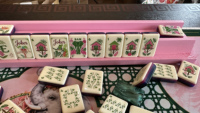 Expédition immédiate, prix de gros : Ensemble de Mahjong américain sur le thème de la forêt tropicale, avec sac en velours, cartes de jeu, manuel et supports pour tuiles