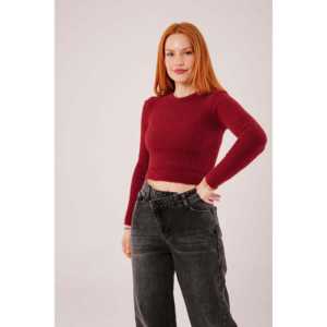 เสื้อสเวตเตอร์คอกลมแขนยาวสำหรับผู้หญิงสีเบอร์กันดี ผ้าถักแบบลำลอง ป้องกันการเกิดขุย - Product Image 3