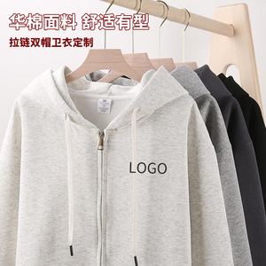 Fleece Lined Zip Up Sweatshirt Solid Color Cotton Hooded Sportswear Casual Drop Shoulder Jacket American Style - Product Image 3