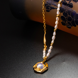 Collar con Colgante de Piedra Lunar y Perla Natural de Agua Dulce con Cadena de Eslabones Estilo Bohemio, Chapado en Plata, Joyería para Fiesta - Product Image 6