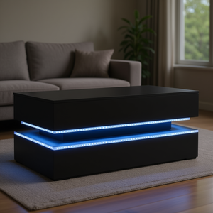 Black <b>Coffee</b> <b>Table</b> <b>With</b> <b>Led</b> <b>Lights</b> 35.4 X 19.7 X 15.7 Inches Modern Living Room Furniture Tempered Glass Top Metal Frame - Product Image 2