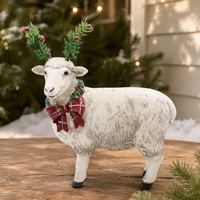 Figurine Domba Natal dari Resin Berdiri dengan Tanduk Ranting Pinus, Kerah Pita Kotak-kotak, Dekorasi Liburan Gaya Pedesaan.