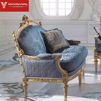 Ensemble de canapés sectionnels de style européen 1+2+3 places en tissu bleu, avec structure en bois antique, pour salon de villa, avec rembourrage en éponge