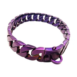 紫色不锈钢铸造古巴链接狗链狗项圈和皮带设置与徽标字母定制宠物项圈
