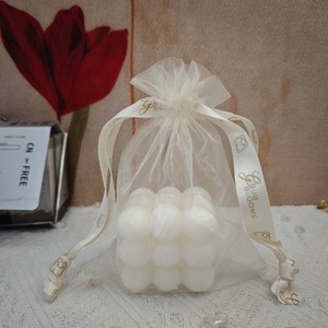 Beige Drawstring <strong>Organza</strong> Gift <strong>Pouch</strong> Custom <strong>Organza</strong> Packaging Bag With Printed Ribbon - Product Image 1