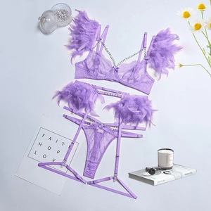 Feather Decor Sexy Lingerie 3Pcs Set Rhinestone Chain Floral Lace Bra Garter Belt <b>Thong</b> Women Intimate Underwear Wholesale - Product Image 6