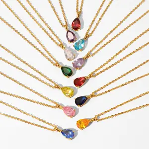 18K Gold Drop Teardrop Charm Pendant CZ Peridot Crystal Emerald Necklace Waterproof Necklace Anti Tarnish Jewelry