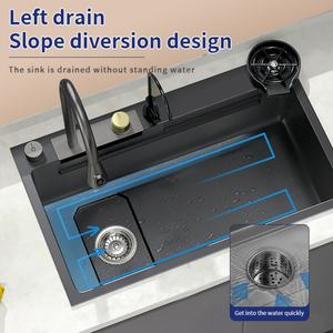 Fregadero de Cocina Moderno de Lujo con Grifo en Cascada de un Solo Tazón, Acero Inoxidable, Cuadrado, Negro, Empotrado, Inteligente y Multifuncional - Product Image 6