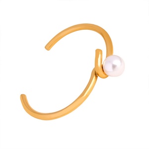 Minimalist Jewelry <b>Gold</b> Plated Stainless Steel <b>Adjustable</b> Pearl Charm Cuff Bangle <b>Bracelet</b> - Product Image 3