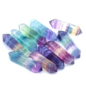 Offre Spéciale pierres de guérison en cristaux de pierre naturelle, tour de baguette en cristal de fluorite arc-en-ciel à double pointe pour cadeau souvenir