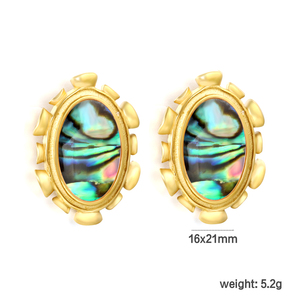 Vintage Gold Oval Earrings for Women - Pink Resin & <b>Abalone</b> <b>Shell</b> Studs - Bohemian Fashion Jewelry Set - Product Image 5