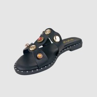 Sandales plates décontractées avec boucles métalliques et pierres, bout rond ouvert, antidérapantes, légères, souples, à enfiler, pour femmes, pour l'extérieur