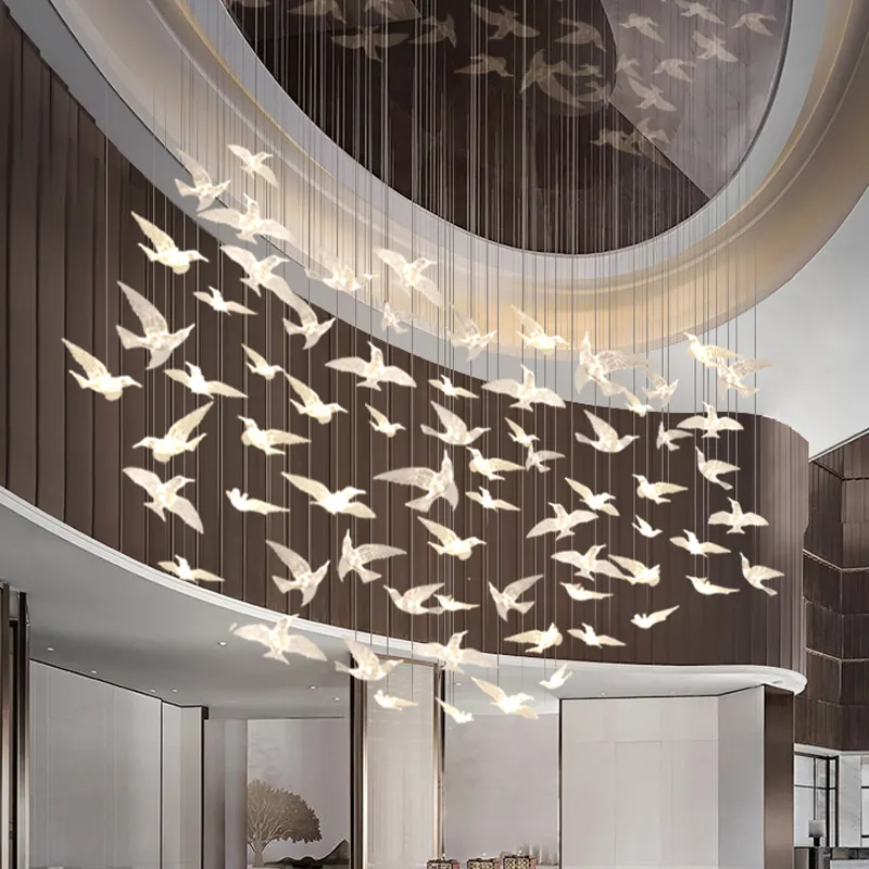 Otel salonu çift merdiven özelleştirilmiş organik cam lamba kuş projesi avize