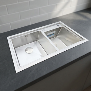 Hot Selling Double Bowl <b>Kitchen</b> <b>Sink</b> SUS304 Stainless Steel Undermount Handmade <b>Sink</b> with Drainboard OEM ODM - Product Image 1