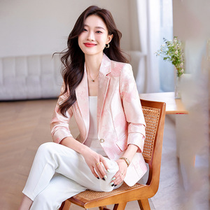 Apricot Jacquard Acetate Satin Blazer For Women Autumn Single Button Slim Fit Elegant Floral Pattern Anti Wrinkle - Product Image 2