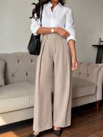 Pantalon plissé décontracté taille haute ample à jambe large uni pour femme, idéal pour le bureau au printemps