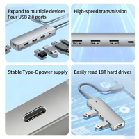 Hub USB 2.0 5-en-1 en gros, répartiteur de données 4 ports avec port d'alimentation Type-C, extension USB pour ordinateur portable, PC portable