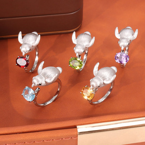 8 Anillos Abiertos Vintage de Plata de Ley 925 Bañados en Oro con Piedra Natural Ovalada de 7*9mm, Diseño de Pingüino Animal Cepillado, Lindos para Niñas - Product Image 5