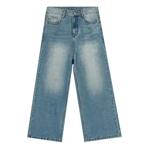 Customized factory Korean style loose denim versatile men's blue straight wide leg jeans for men