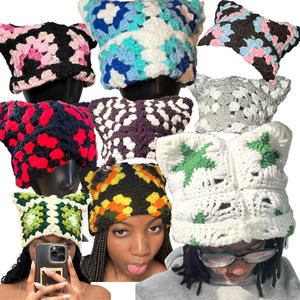 Alta calidad ahueca hacia fuera Boho colorido Grunge hecho a mano Patchwork tejido fiesta lindo Punk gótico gato oreja gorro ganchillo sombrero - Product Image 1
