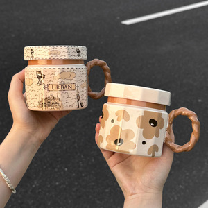 High-End Ceramic Coffee <b>Cup</b> with Simple Cartoon Design Handmade Couple Mug Lid Dishwasher Safe for Men Women for Back School - Product Image 1