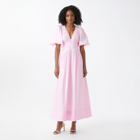 Nouvelle Robe Midi Femme Élégante Rose Col V Plissée Manches Bouffantes Coupe Évasée Manches Courtes Été Personnalisée pour Vacances