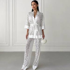 Fabricantes logotipo personalizado pijamas mujeres Sexy hueco Pijamas Color sólido Homewear cárdigan pantalones dos piezas encaje ropa de dormir conjunto - Product Image 3