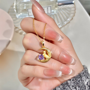 9 Lindos Collares Coreanos con Colgante de Gato Lunar de Piedra Natural Redonda de 6mm, Plata de Ley 925 Bañada en Oro, Joyería que No se Deslustra - Product Image 5
