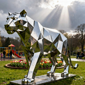 Statua di Tigre Seduta in Acciaio Inossidabile Lucidato Argento, Design Geometrico Moderno a Grandezza Naturale per Giardino, Parco, Prato - Product Image 2