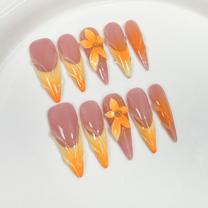 <span class=keywords><strong>Uñas</strong></span> Postizas Largas Stiletto Hechas a Mano, Degradado Naranja Atardecer, Flor Ámbar Translúcida 3D, <span class=keywords><strong>Uñas</strong></span> de Gelatina Elegantes de Verano al por Mayor - Product Image 5