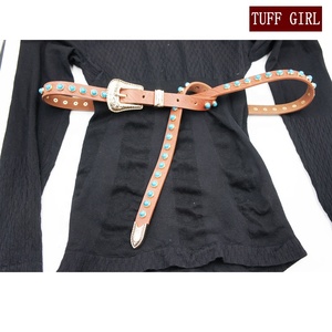 Cintura Western in Vera Pelle Marrone con Pietre Turchesi 125cm - Product Image 5