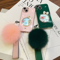 Coque de téléphone antichoc de luxe pour filles avec nœud, strass, placage miroir, TPU et boule de fourrure, avec dragonne, pour 13 12 Pro Max
