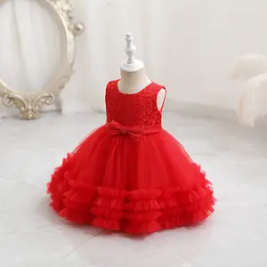 Красное рождественское платье без рукавов, двойная юбка, платье для маленьких девочек, праздничный костюм, детские платья