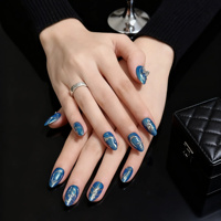 Faux ongles autocollants bleu roi scintillant, pointes d'ongles papillon à ligne argentée liquide, fournitures d'ongles personnalisées en gros pour supermarchés