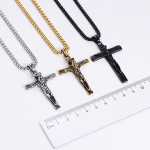 Collar de Cruz de Acero Inoxidable para Hombre |   Colgante de Jesús Crucificado |   Cadena de Oro, Plata y Negro para Regalo de Joyería - Product Image 1