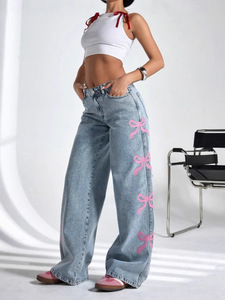 Novedad 2025 Para <span class=keywords><strong>Shein</strong></span>, Jeans Holgados de Pierna Recta con Bordado de Lazo, Explosión de Ventas Transfronteriza Estilo Europeo y Americano, Pantalones de Mezclilla Vintage Casuales - Product Image 5